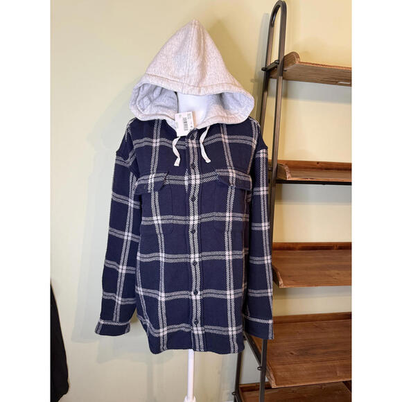 NWT! American Eagle Hooded Flannel Button Up Shirt Navy Size Large - Picture 2 of 8
